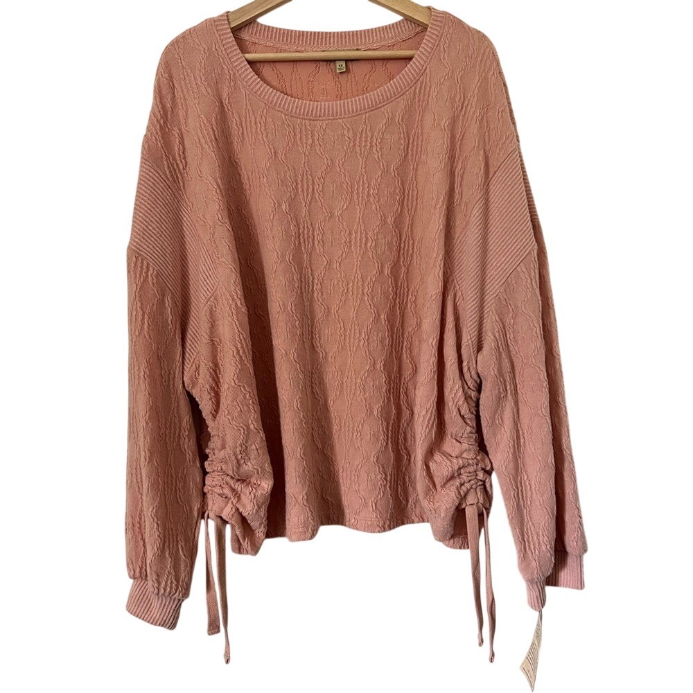 NWT Democracy Textured Pink Sweatshirt Top Ruched Drawstring Side Ties 3X